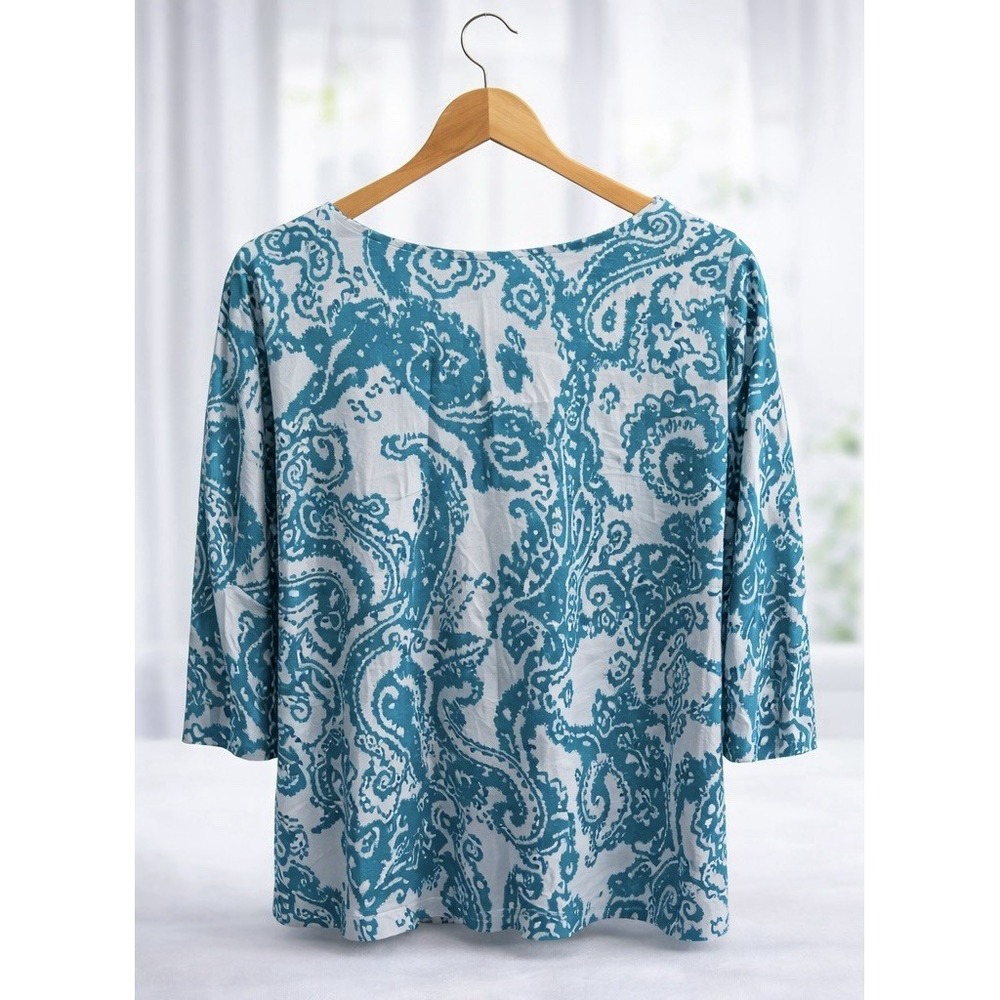 LRL Lauren Ralph Lauren Popover Tunic Top Teal White Paisley 100% Cotton Size 1X - Picture 3 of 12